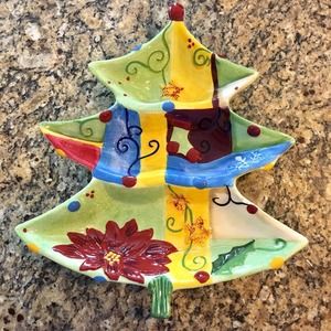 CORSICA Holiday Quilt Christmas Tree Shaped Divided Serving Dish Tray Platter